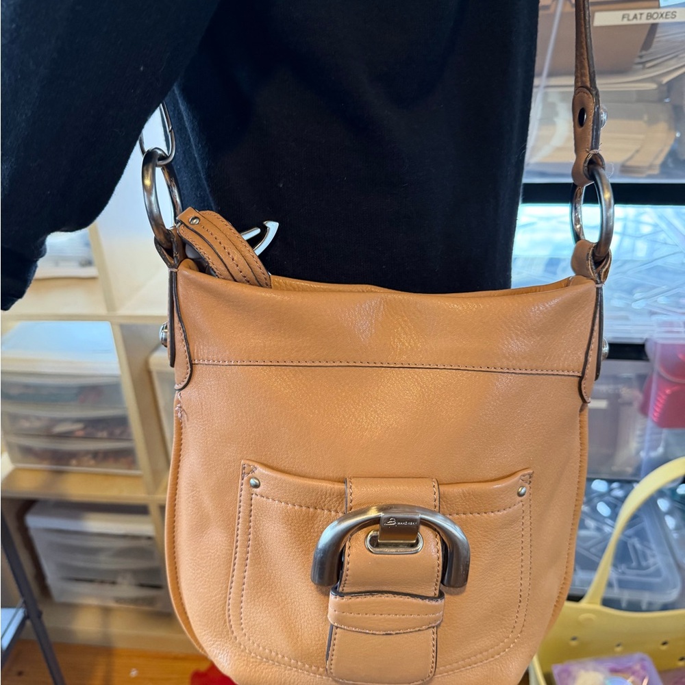 B. Makowsky Tan Leather Shoulder Bag with Front Buckle